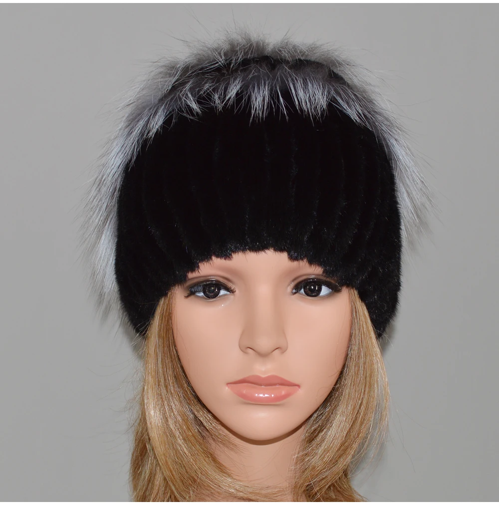 Hot Fashion Winter Warm Women Knitted Real Mink Fur Caps Natural Real Mink Fur Hats Genuine Real Sliver Fox Fur Beanies Hat
