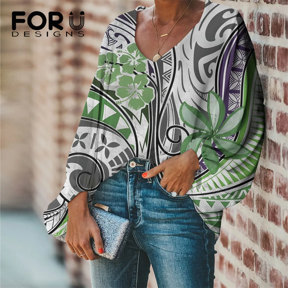 

FORUDESIGNS Lartern Sleeve Blouse for Ladies Vintage Polynesian Samoan Hibiscus Pattern Girls Casual Long Sleeve Chiffon Shirts