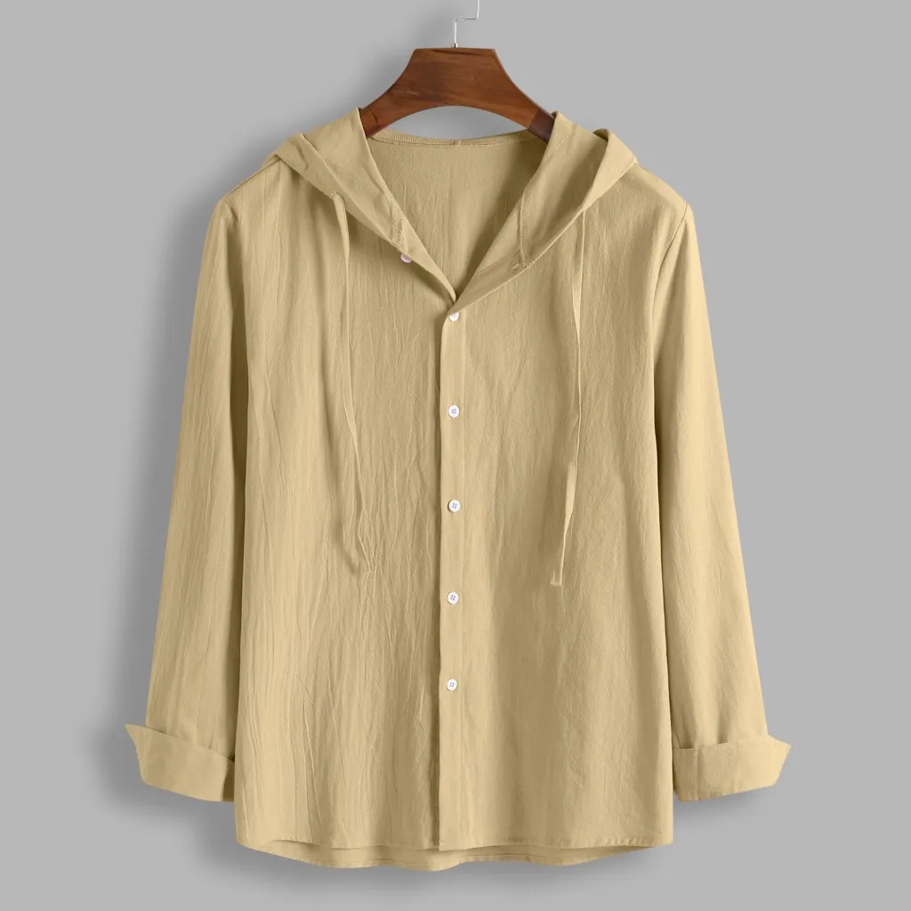 Men's Solid Color Blouse Loose Cotton Casual Blend Hooded Button Long Sleeve Shirt Tops Blouse Beach Shirt Top camisa masculina