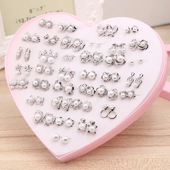 

36 Pairs Gold & Silver Colorful Rhinestone Hollow Flower Cute Bear Animals Mix Style gold Stud Earrings Set For Women