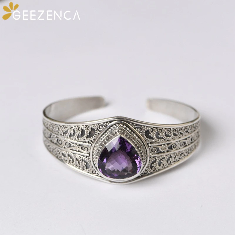 

925 Sterling Thai Silver Water-drop Amethyst Bracelets Bangles Fine Jewelry Women's Open Bangle Gemstone Handcraft LuxuryTrendy