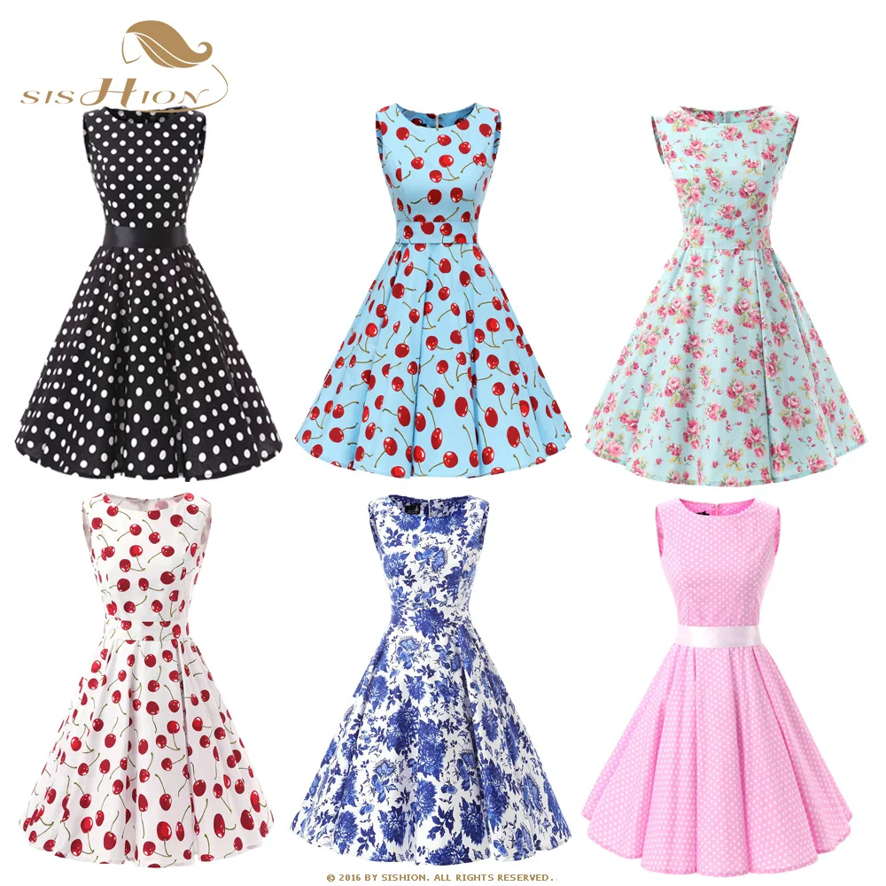 

SISHION Cotton Inspired 50s 60s Vintage Dress VD0110 Sleeveless Polka Dot Floral Print Large Swing Women Retro Rockabilly Dress