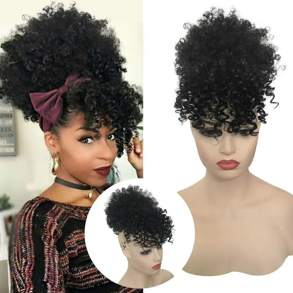 

SHUOHAN Synthetic Afro Curly Blunt Hair Bangs Clip In Hair Band Rope Clip-in African Heat Resistant High Temperature Fiber Black