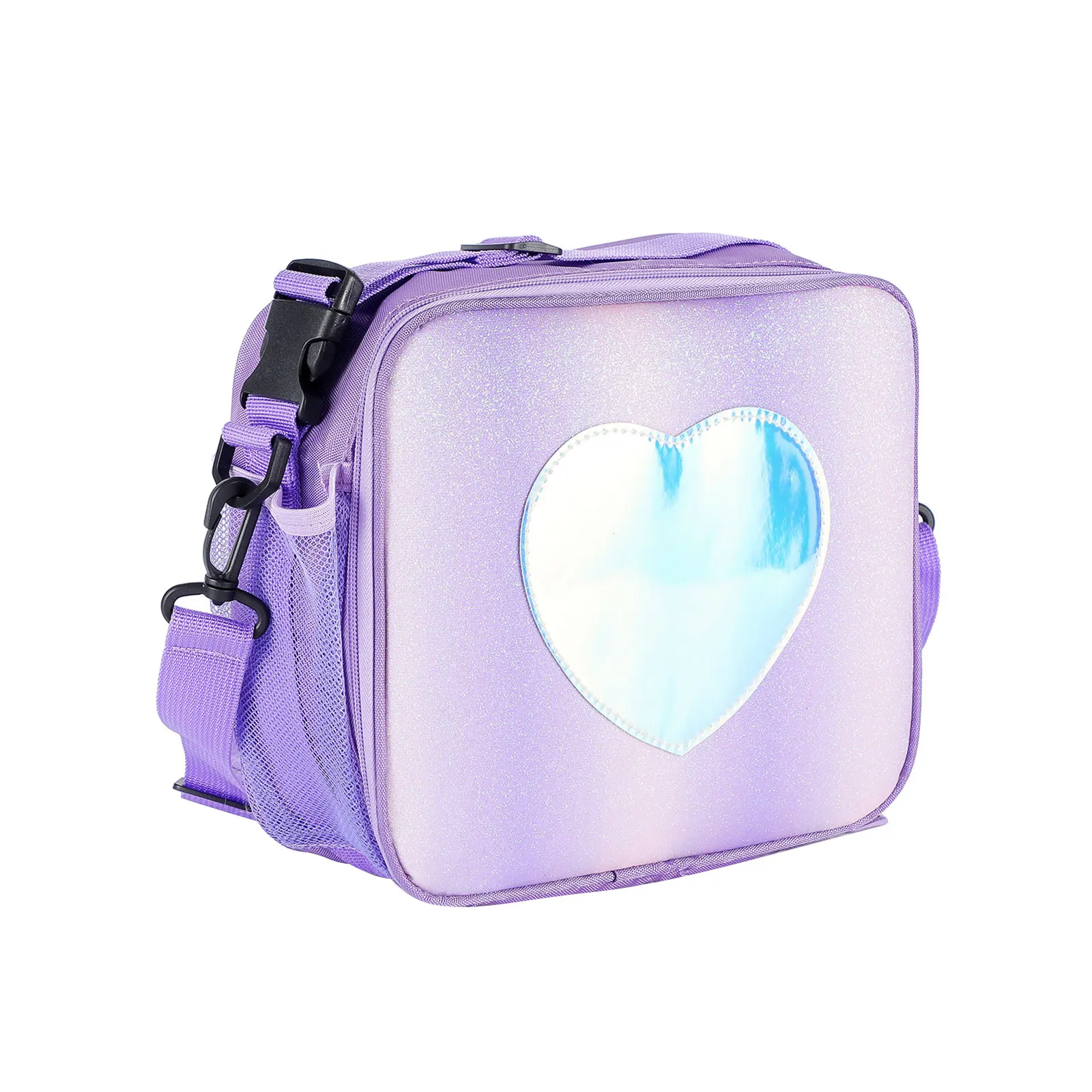 Holographic Heart Lunch Tote Box Lunch Bag Container with Adjustable Shoulder Strap
