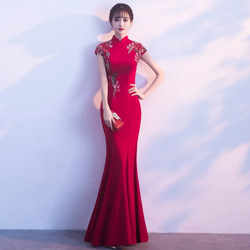Chorus Performance Costume 2021 New Summer Long Slim Mermaid Cheongsam Chinese Dress Toast | Женская одежда