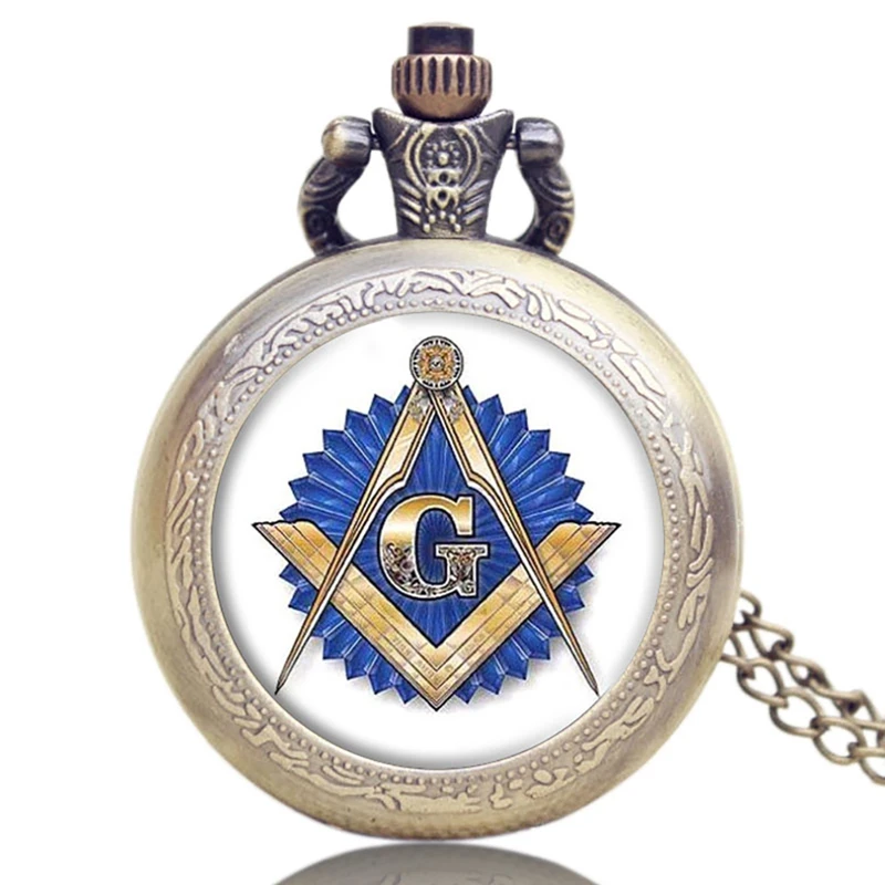 Pocket Watch Bronze Masonic Freemasonry Chrome Square and Compass Mason Retro Necklace Pendant Quartz Pocket Watch