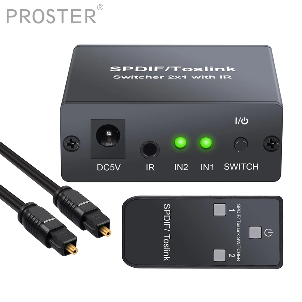 

Proster 16Mbps Digital Optical Audio Switchers SPDIF/Toslink Switcher 2x1 with IR remote support LPCM2.0/DTS/Dolby-AC3