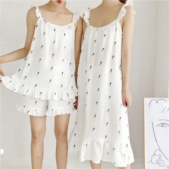 

Pajama Set Women White Pink Sleeveless Suspender Top Shorts Cotton Cartoon Print Girl Sisters Sleepwear