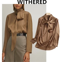 

Elmsk blusas mujer de moda 2021 autumn blouse women england office lady fashion simple silk high quality elegant bow shirt