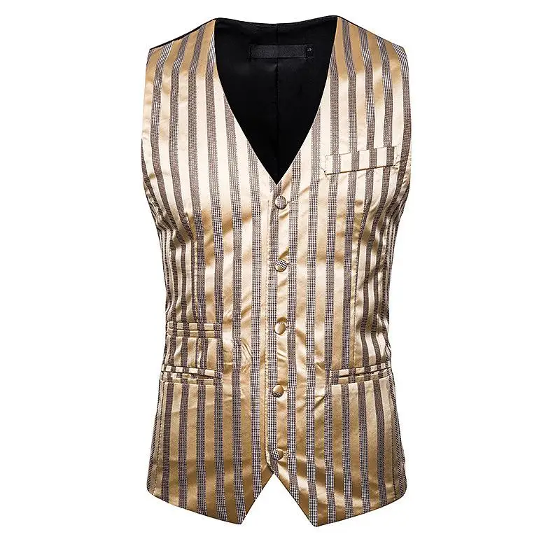 Мужская классическая вечерние Свадебная жилетка уличная мода полосатый деловой офисный без рукавов мужской пиджак размер США s-xxl - Цвет: Gold Vest Men