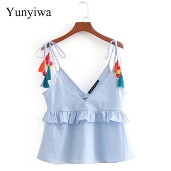 

2018 Women Sweet Spaghetti Strap Tied Laminated Lotus Leaf Solid Color Blouses Shirt Ladies Elegant Femininas Blusas Tops