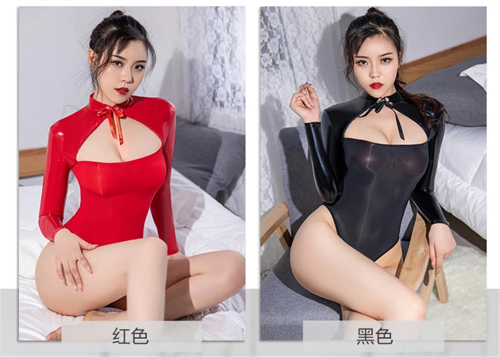 thong bodysuit Long Sleeve See Through High Cut Bodysuits High Elastic Shiny Tight Porn Body Suit PVC Splicing Women Transparent Sexy Bodysuit thong bodysuit