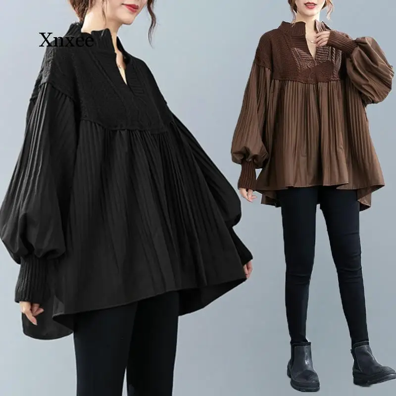 

Sweet Pleated Loose Knitting Splicing V Neck Sweater Fit Long Lantern Sleeve Women New Fashion Tide Autumn Winter 2021 Clothing