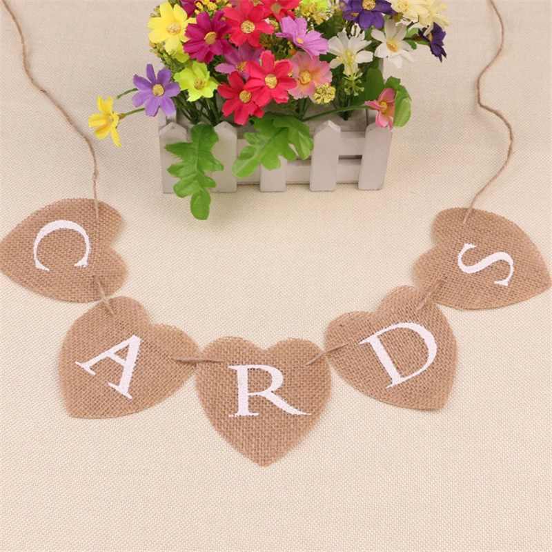 

1.5M Love Heart Shape Burlap "CARDS" Banner Bunting Jute Linen Triangle Flags Pennant for Christmas Wedding Birthday Party Decor
