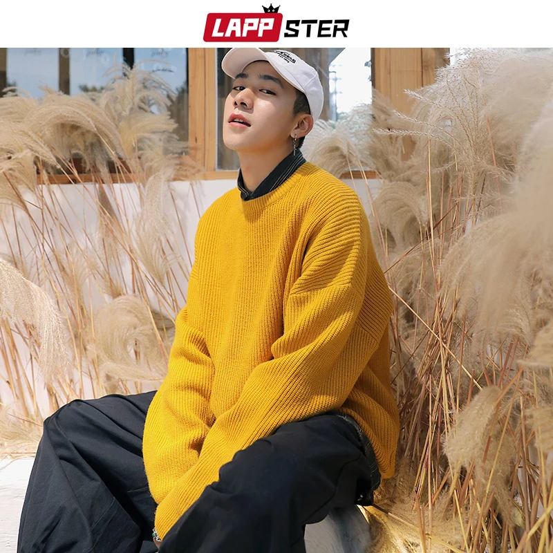 

LAPPSTER Men Oversized Colorful Sweater 2019 Mens Winter Korean Fashions Sweater Male Pullover Harajuku Solid Sweaters Fashions