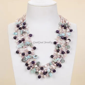 

GuaiGuai Jewelry 20" 4Strands Peal Pearl Amethyst Gems Stone Natural Larimar Chips Necklace