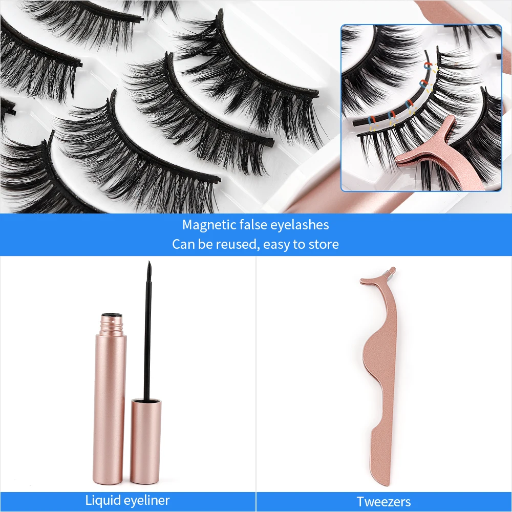 5Pairs 5D Magnetic False Eyelashes Liquid Eyeliner Kit Reusing Comestic Magnet Fake Eyelashes Fiber Lashes Comfortable 5