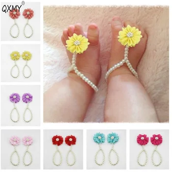 

QXMY Baby Pearl Anklets Shoe Fashion Jewelry With Flowers Foot Chain Infant Colorful Barefoot Anklet Chain Accessories