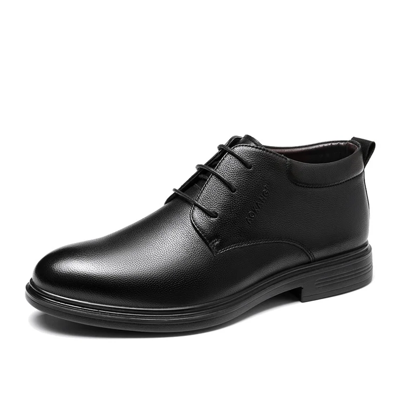 AOKANG/зимние ботинки для мужчин; коллекция года; Брендовые ботильоны из натуральной кожи; однотонная модная обувь; удобные теплые ботинки для мужчин; - Цвет: black193011009