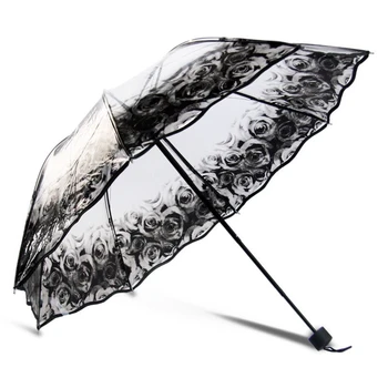 

HOT SALE Black Printed Transparent Umbrella Rain Sunny and Rainy Umbrella Parasol