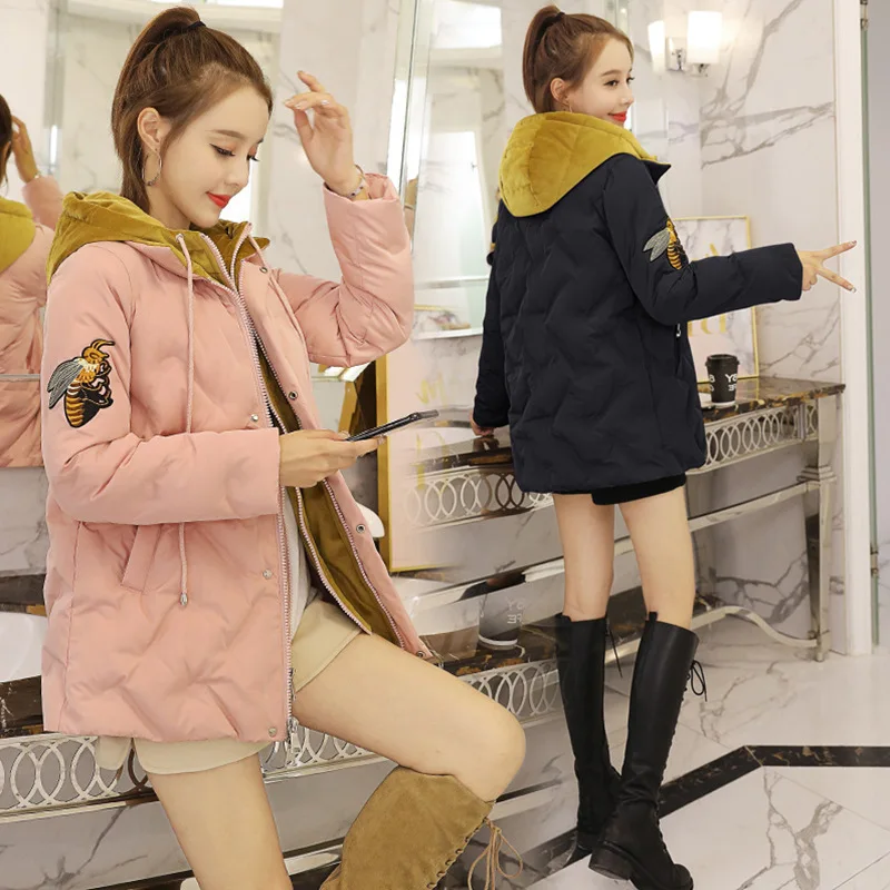 

Short Cotton-padded Clothes Female Winter New Style 2018 WOMEN'S Dress Korean-style Casual Hooded Slimming Fashion Embroidered C