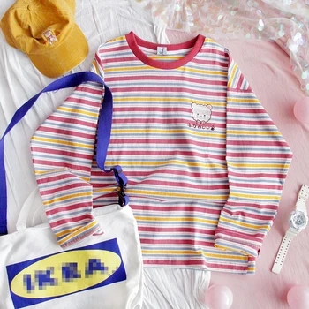 

Spring Striped T-shirt Girls Long sleeve Round neck Loose Ins Student Harajuku Cute Bear Embroidery Soft Sister pullover Tops