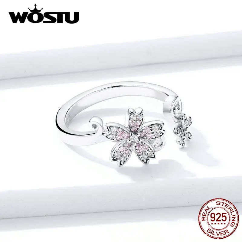 WOSTU, настоящее 925 пробы, серебряное кольцо с цветком сакуры для женщин, розовый циркон, открытый размер, кольца для свадьбы, помолвки, ewelry CTR086