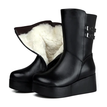 

100% First Layer Of Cowhide And Wool Leather One-In-One Inner Side Zipper Warm Winter Shoe High-End Platform Women'S Boots