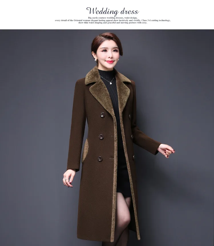 Высококачественное двубортное длинное Утепленное зимнее пальто, Женское пальто с меховым воротником и v-образным вырезом, большие размеры, плащ с горячей подкладкой