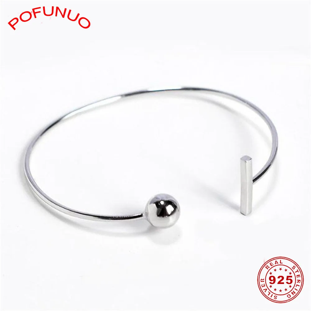 

POFUNUO 925 Sterling Silver Geometric Beads Bangles Minimalism Personality Fashion Students Jewelry Bracelets Lovers Gift Bangle
