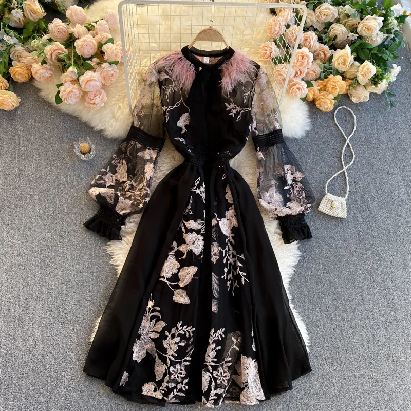 

Runway Autumn Dress Women Summer Lantern Long Sleeve Bird Feathers Flower Embroidery Chiffon Dresses Woman Celebrity Vestidos