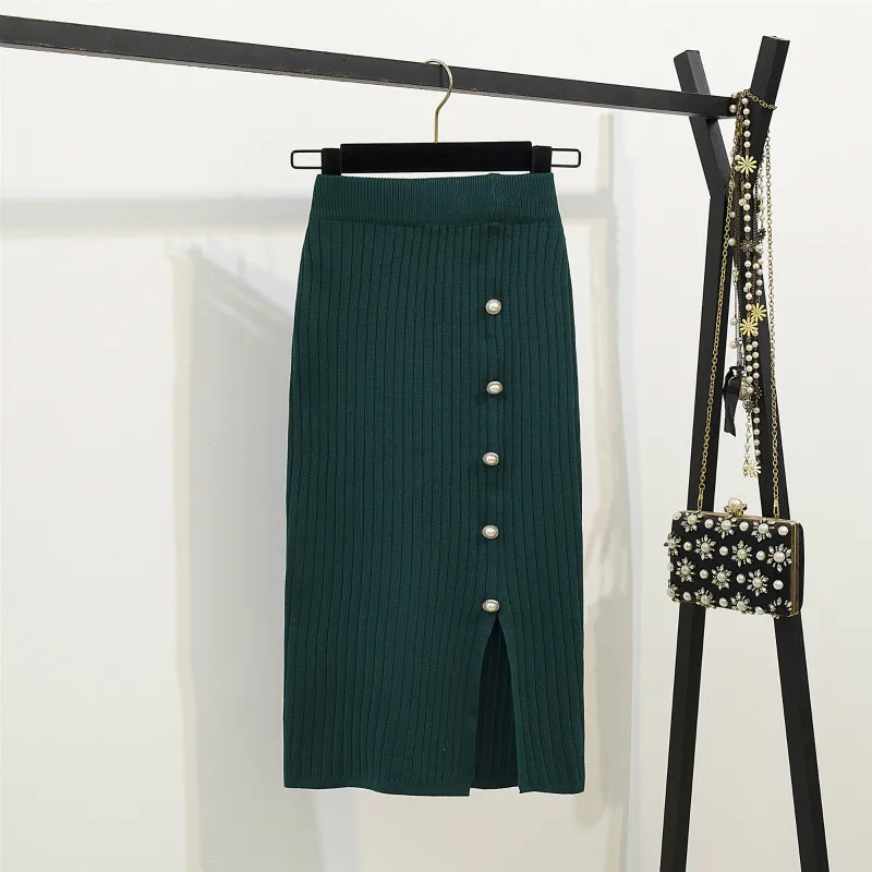 Модная женская юбка осень зима посылка бедра Сплит юбка-карандаш до колена вязаная элегантная юбка с высокой талией 7592 50