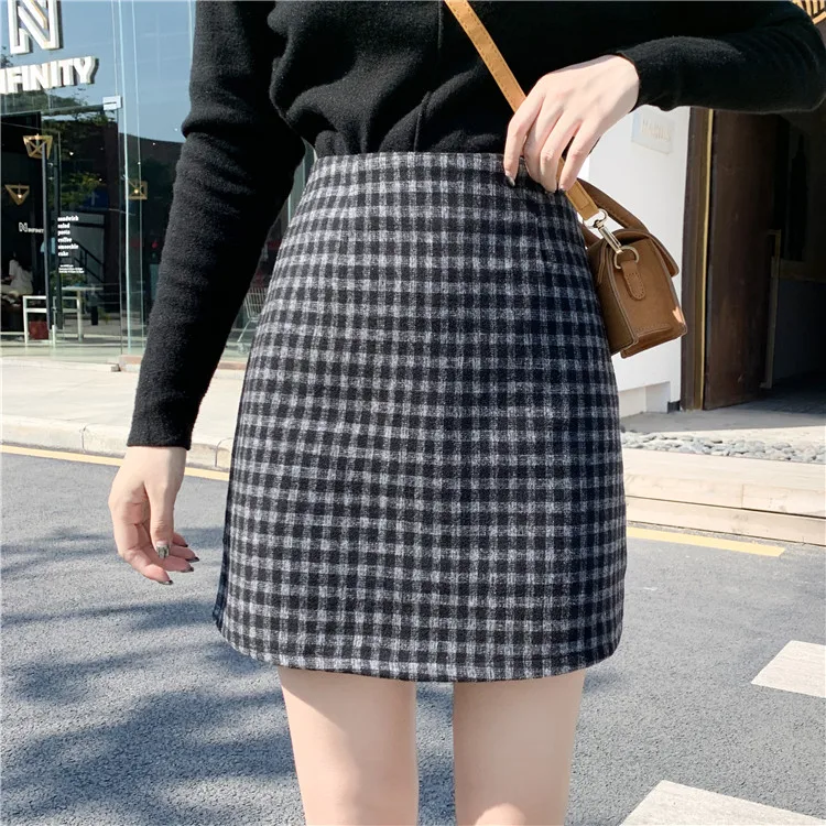 

COIGARSAM 4XL Plus Size Plaid Women Short Skirt Spring Woolen High Waist Skirts Black Ga Color Grid 8099