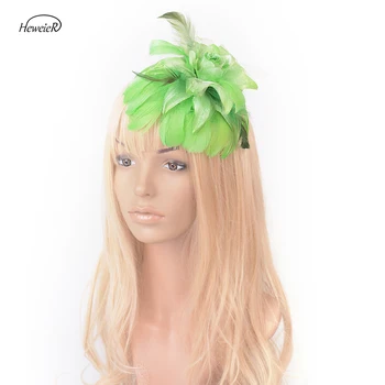 

Women Girl Fascinator Handmade Green Feather Rose Mini Top Hat Church Hair Clip Cocktail Races Headdress Party Wedding Accessory