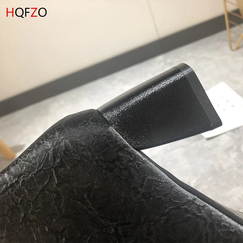 HQFZO Chunky Heels 5cm Autumn Ankle Boots For Women Lace Up Fashion Pointed Toe Bottine Cross-tied Buckle Women Boots Mujer