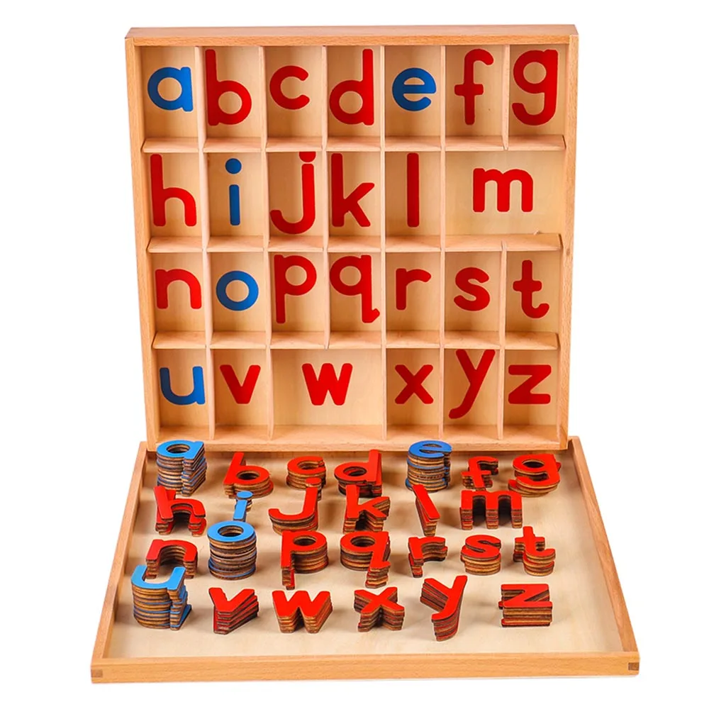 JE JOUE Montessori Letter Work Learning Materials Wooden Small moveable  Alphabet Language Objects with Box (Red & Blue)