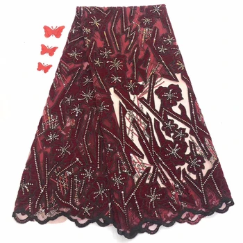 

2019 High Quality Nigerian Wedding Lace Fabric Latest African Laces velvet French Net Lace Fabric With sequins lace WINE