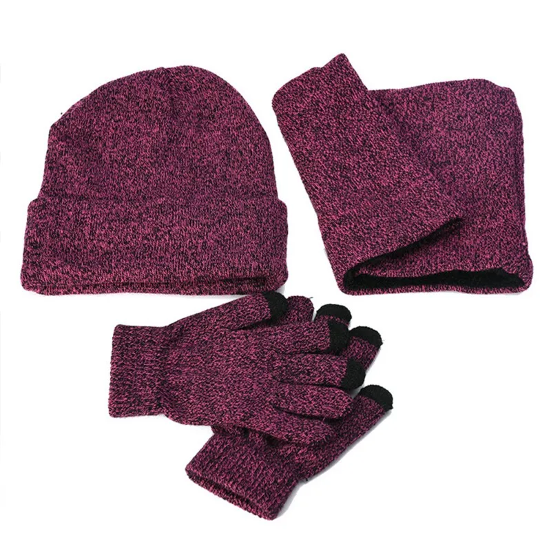 3pcs Knitted Hat Gloves Scarf Set For Men Winter Soft Warm Hiking Cap Scarves Sets Outdoor Gift - Цвет: rose Red