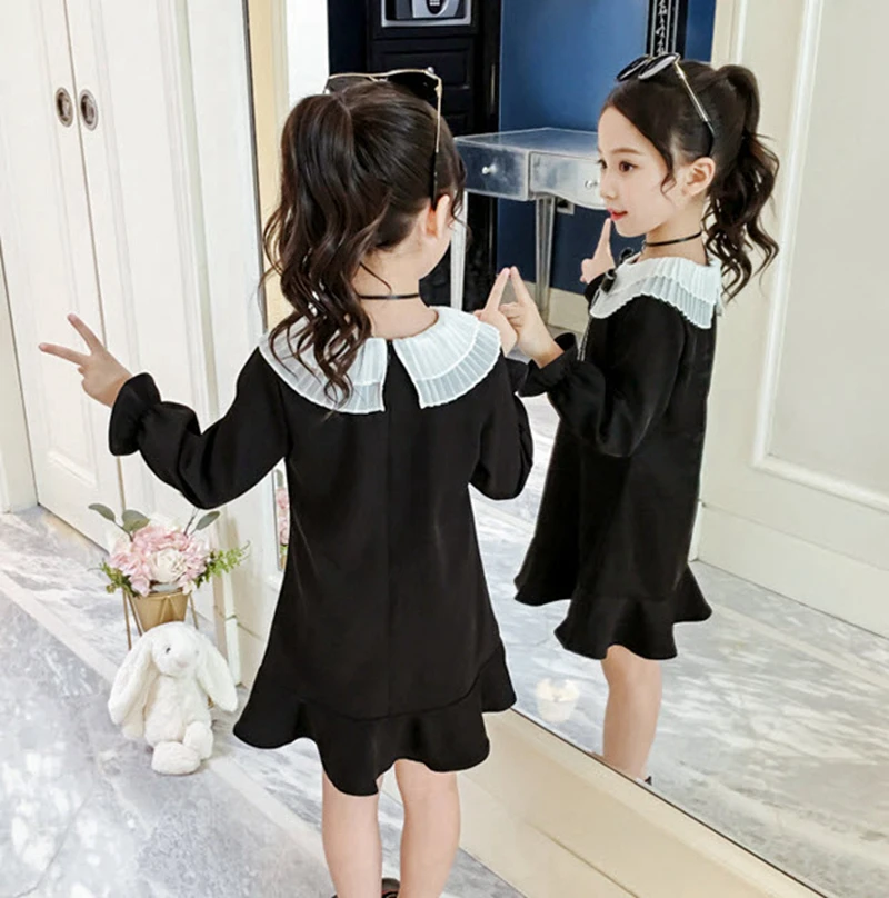Детское платье для девочек черное платье в стиле кэжуал с длинными рукавами и рюшами черные вечерние платья с бантом г. Новая осенне-зимняя одежда GDN024