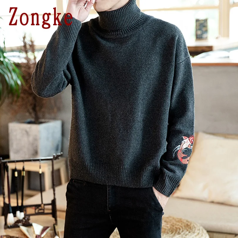 Zongke Carp Embroidery Turtleneck Men Sweater Turtle Neck Men Pullover Sweater Men Coat XXXL Autumn Winter Man Sweaters