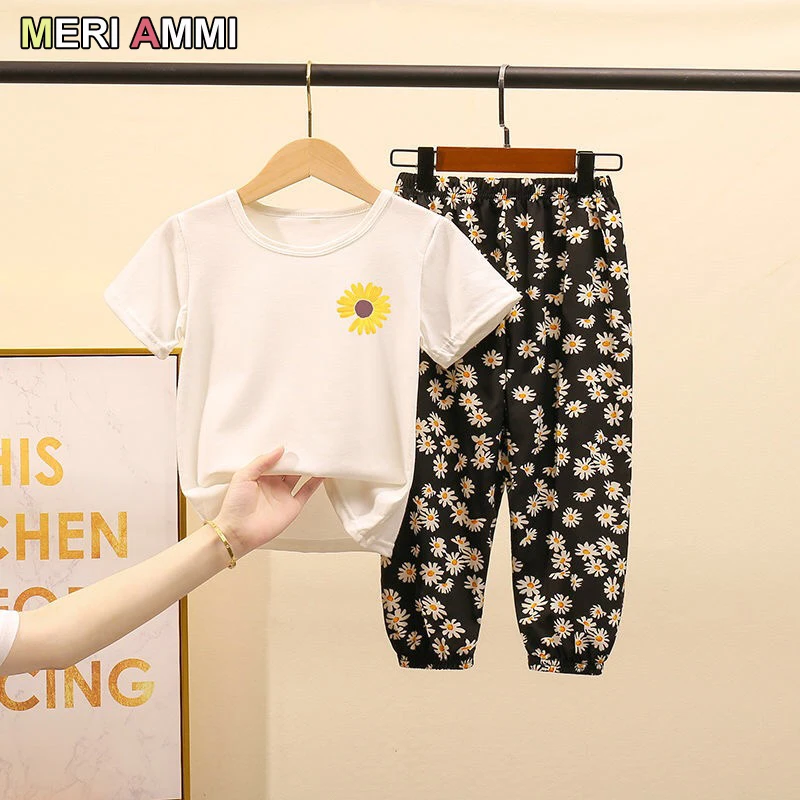 

MERI AMMI 2pcs Oufit Children Girl Clothing Set Floral Daisies Tee +Flower Pants For 2-11 Year Kid