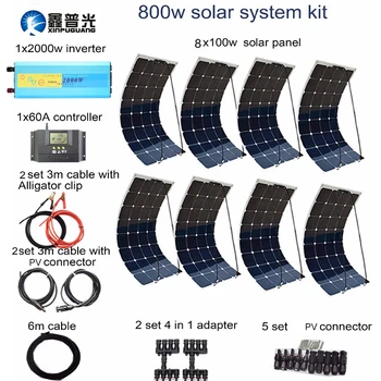 

800w Photovoltaic solarpanel 100w flexible solar panel system 2000w inverter 60A controller cable connector 12v battery RV boat