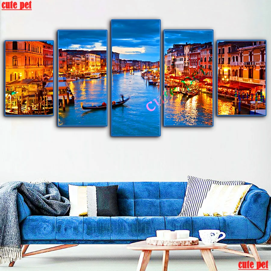 

5 шт., алмазная живопись, полная выкладка, круглая Алмазная мозаика, Венеция-город на воде, 5D Вышивка крестиком, алмазная вышивка своими руками, стразы, Декор