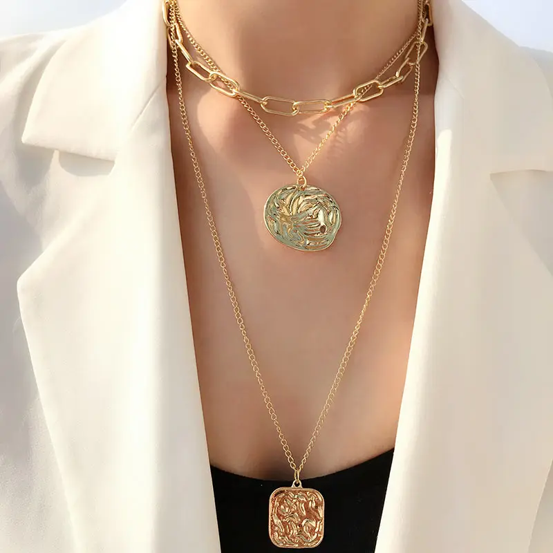 JUST FEEL Vintage Gold Silver Color Portrait Round Coin Choker Necklace Women Multi-layer Pendant Necklace Statement Accessories