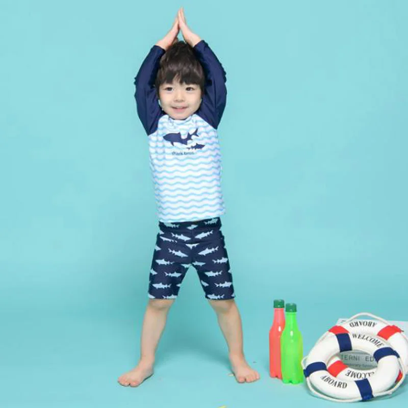 Brand Baby Boys Swimsuit Two Pieces Rash Guard Trunks Set Long Sleeve Shark Print Blue Children Swimwear Swimming Bathing Suits