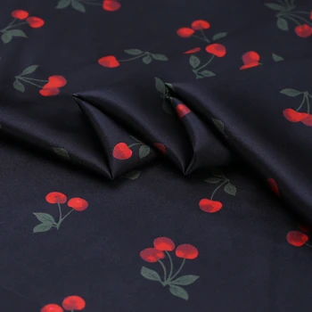 

Red Cherry Printed Stretch Satin Natural Silk Fabric Diy Cloth Telas