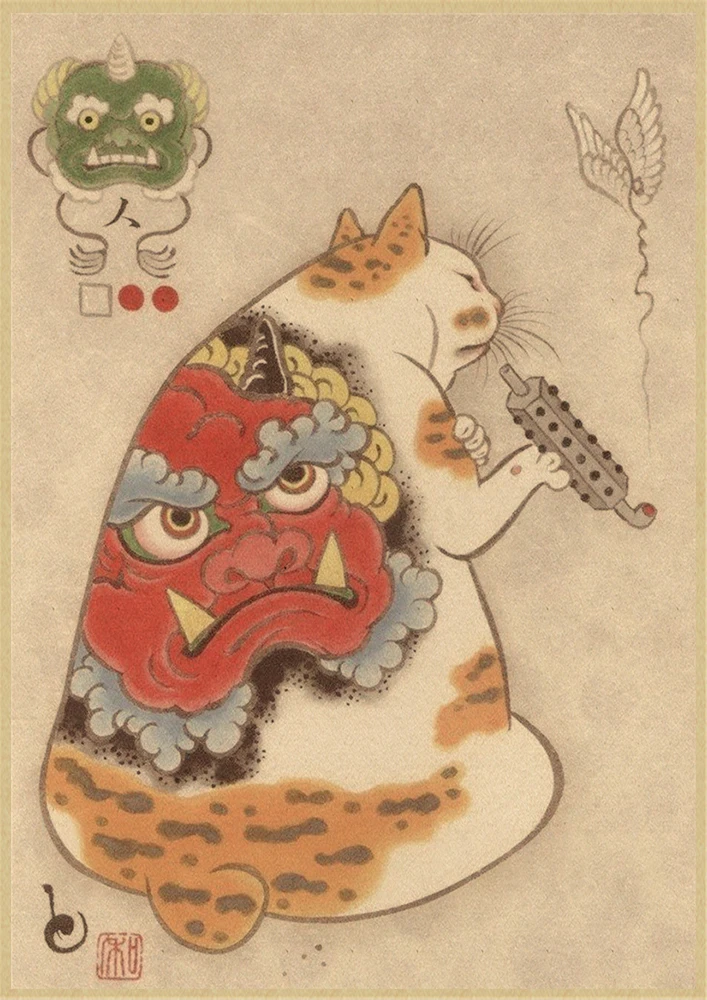 Japanese samurai cat tattoo vintage poster wall art sticker painting living room bedroom print picture