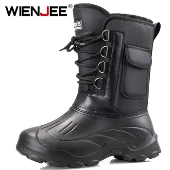 

Men Winter Camouflage Snow Boots 2019 Waterproof with Fur Plush Warm Men Casual Medium Calf Leather Work Fishing Boots Men Shoes