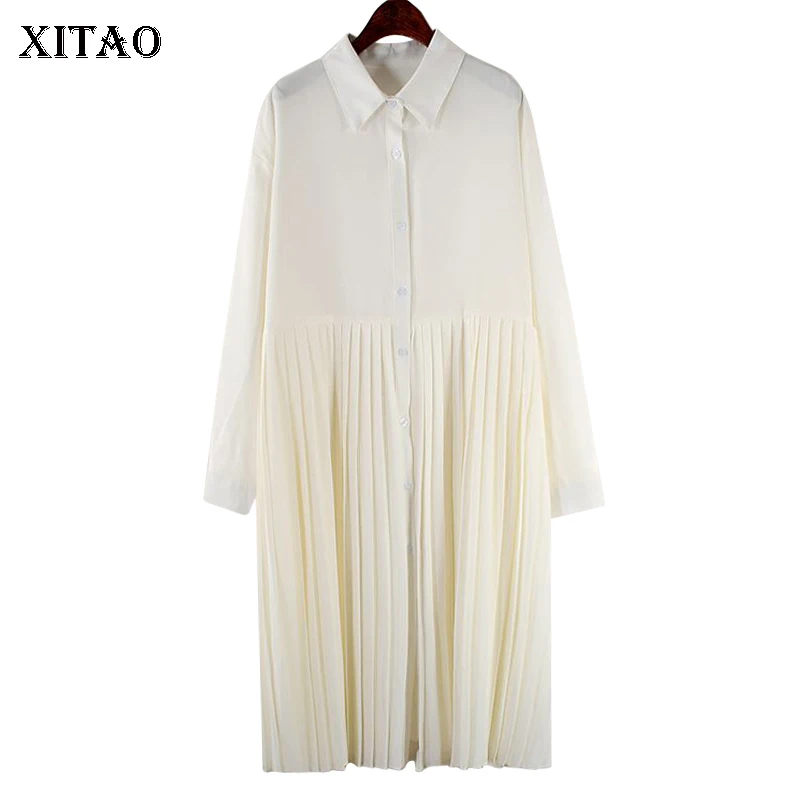 

XITAO Casual Chiffon Pleated Plus Size Dress Women 2020 Spring Tide Fashion New Style Turn Down Collar Long Sleeve Dress GCC3239