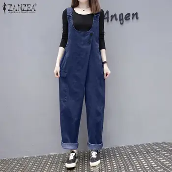 

S 5XL ZANZEA 2020 Summer Long Rompers Casual Solid Straps Turnip Jumpsuits Women Vintage Denim Blue Overalls Female Harem Pants
